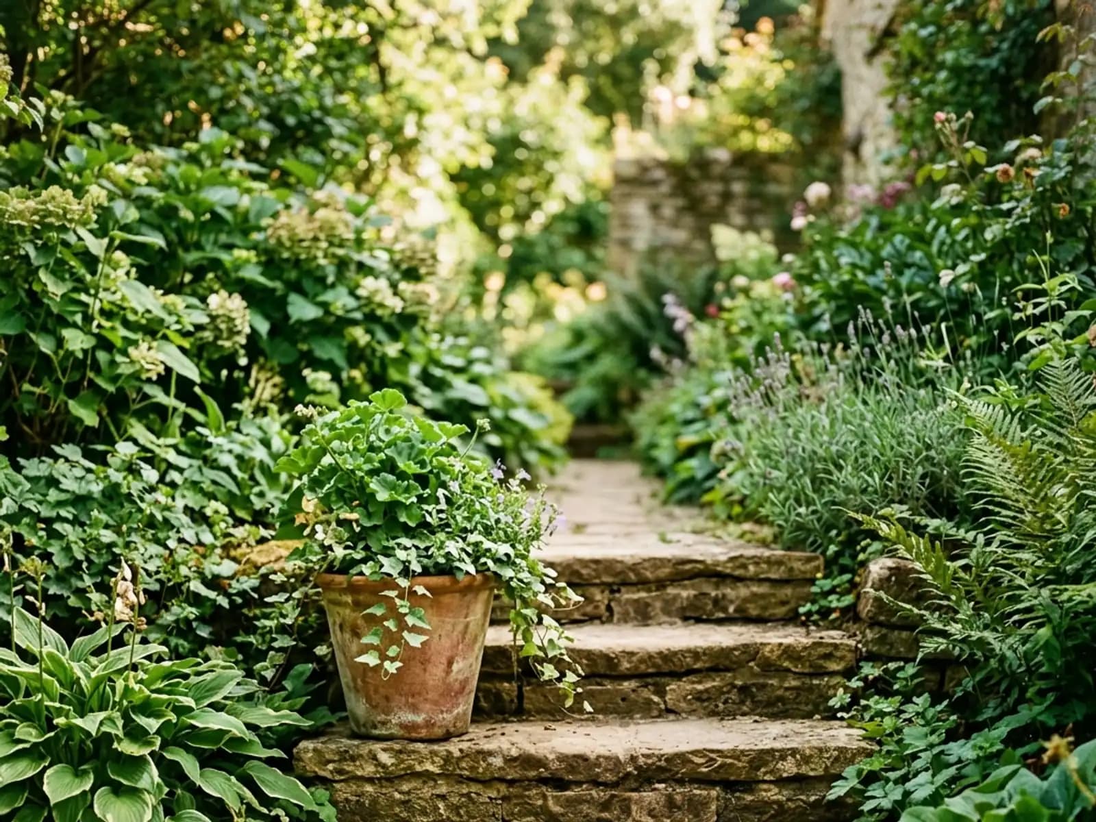 A few sunlit stone garden steps leading up past a potted plant and green foliage.